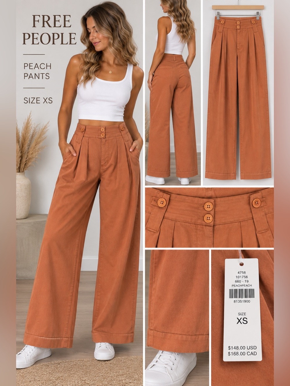 Free People Preach Pants Peach Rust Wide Leg High Rise Pleated Size XS